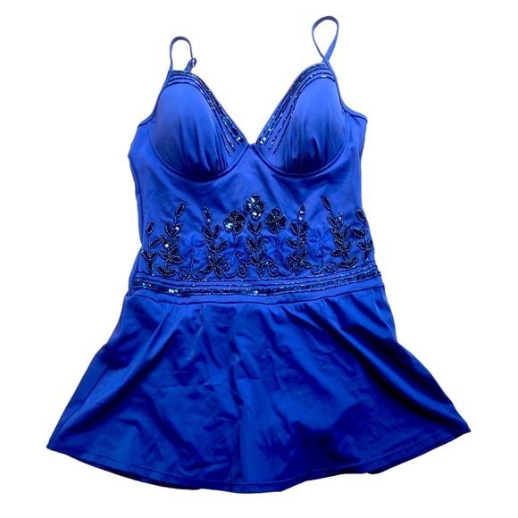 Shape FX Other - New - SHAPE FX - Blue Floral Sequence One-Piece V-Neck Skirted Swimsuit -Size 14
